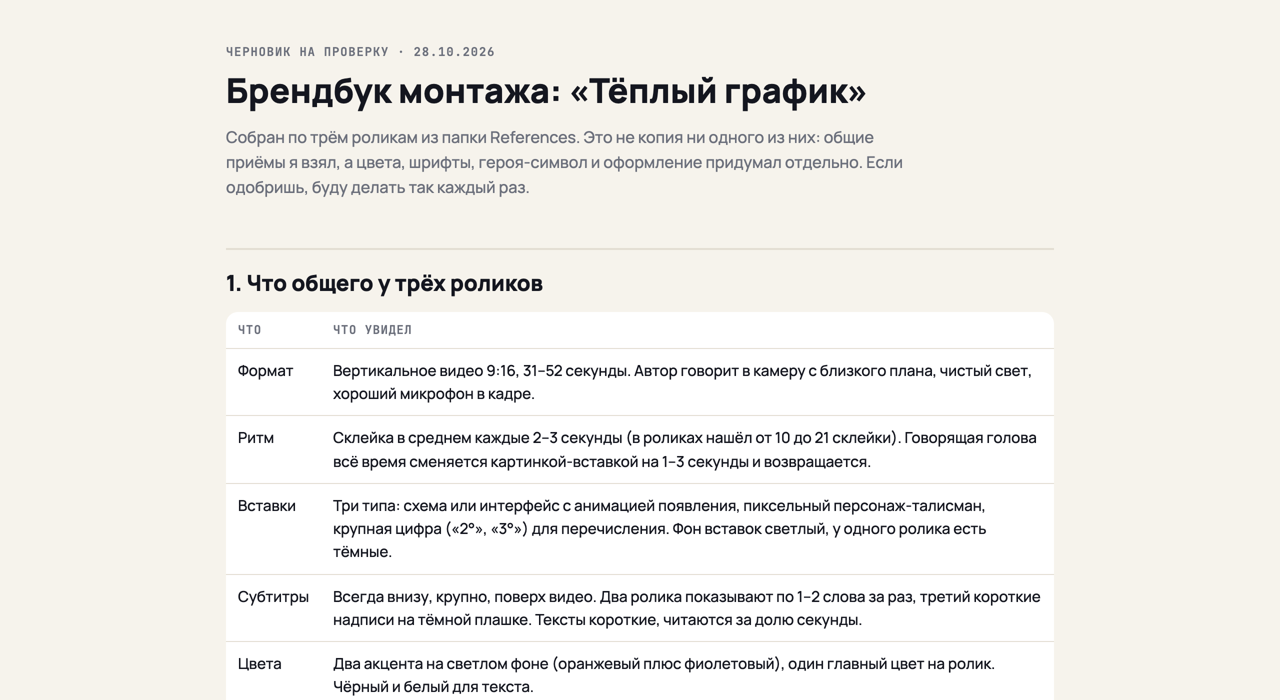Начало брендбука, который Claude собрал по трём роликам