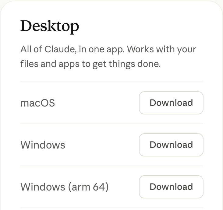 Блок Desktop на странице скачивания Claude с кнопками Download