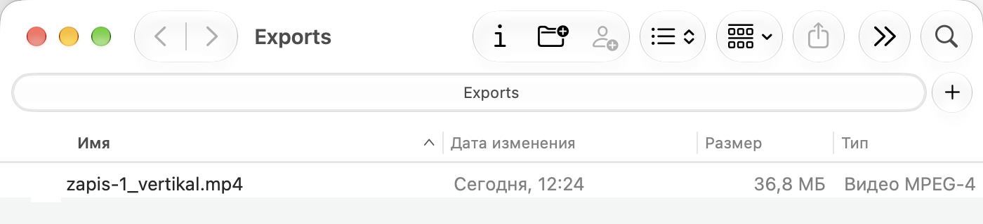 Папка Exports с готовым роликом zapis-1_vertikal.mp4
